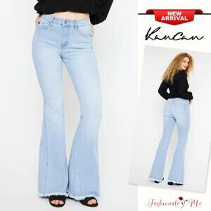 KanCan High Rise Waist Raw Hem Zipper Fly Light Washed Curvy Flare Denim Jeans